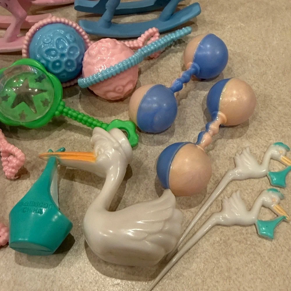 1980s baby shower trinkets.